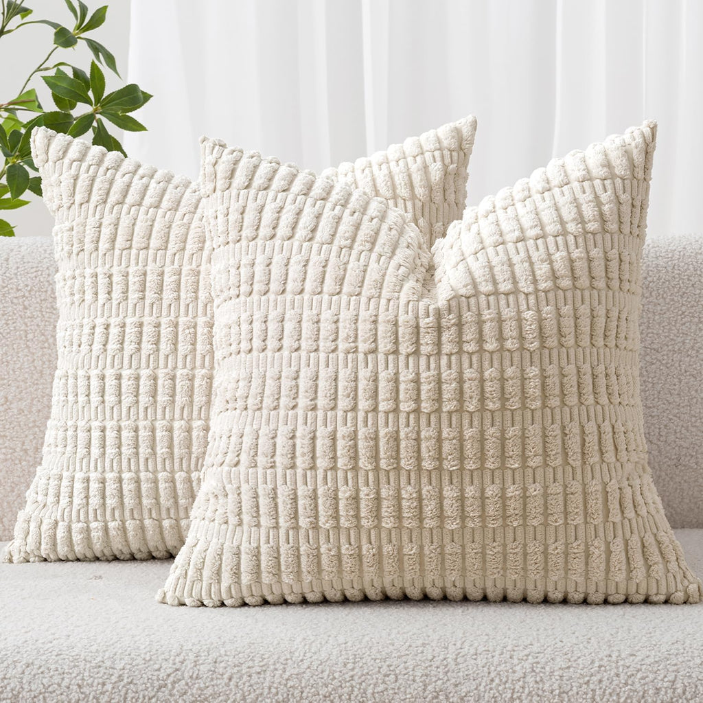 MIULEE Corduroy Throw Pillow Covers - Soft Boho Striped Design, 12x12 Inch, Cream White | Modern Farmhouse Decor