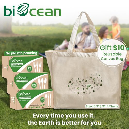 Biocean Extra Heavyduty Compostable Cutlery Set No Plastic Forks Spoons Knives Disposable Utensils Biodegradable Fork Eco Friendly Silverware Serving Flatware for Party,BBQ,Daily Use,Events,Picnic