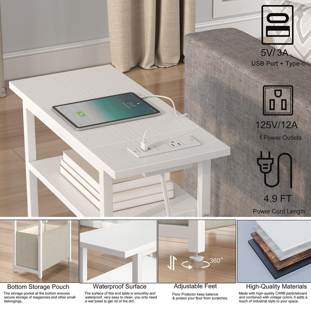 sthmec Narrow Side Table with Charging Station, Small End Table for Small Spaces, Skinny Nightstands with Storage Basket, 3 Tier Sofa Couch Bedside Tables for Living Room,Bedroom, White