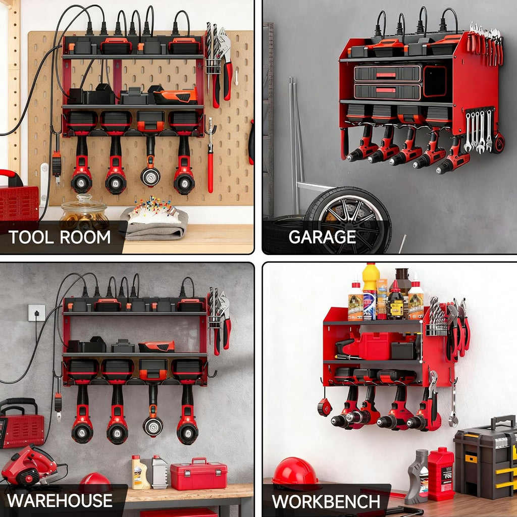 Power Tool Organizer - Heavy Duty Wall Mount Storage Rack with Charging Station | 3 Layers, 4 Drill Holders