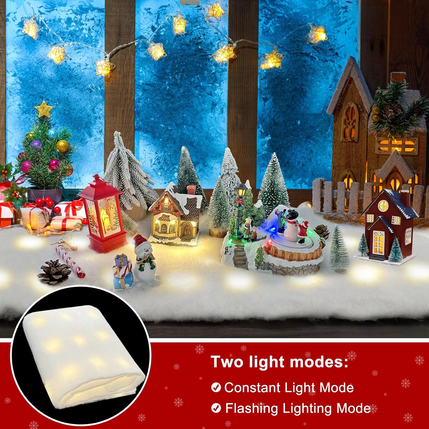 Skiennix Christmas Snow Blanket - 1.3x5.25 Ft Faux Snow Roll with 50 LED Lights for Winter Village Display