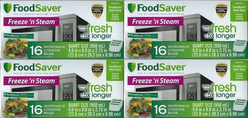 FoodSaver 1-Quart Freeze 'n Steam Microwavable Single-Cooking Bags, 16 Count, Clear (Pack of 4)