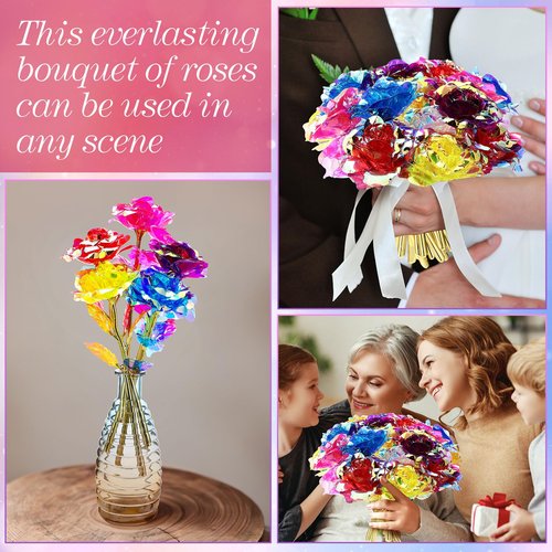 Lyrow 12 Pcs Galaxy Rose Floral Mother's Day Present Flowers with Stems Present for Mom Her Forever Preserved 24k Fake Crystal Rose for Birthday Wedding Decor, 10'' (Multicolor)