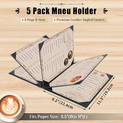 FLKQC Restaurant Menu Covers Holders 8.5" X 11" | Pack of 5 Synthetic Leather 8 View Menu Holder Covers Book Style with Angled Corners Black for Wine List (5, 8 View (8.5" x 11"))
