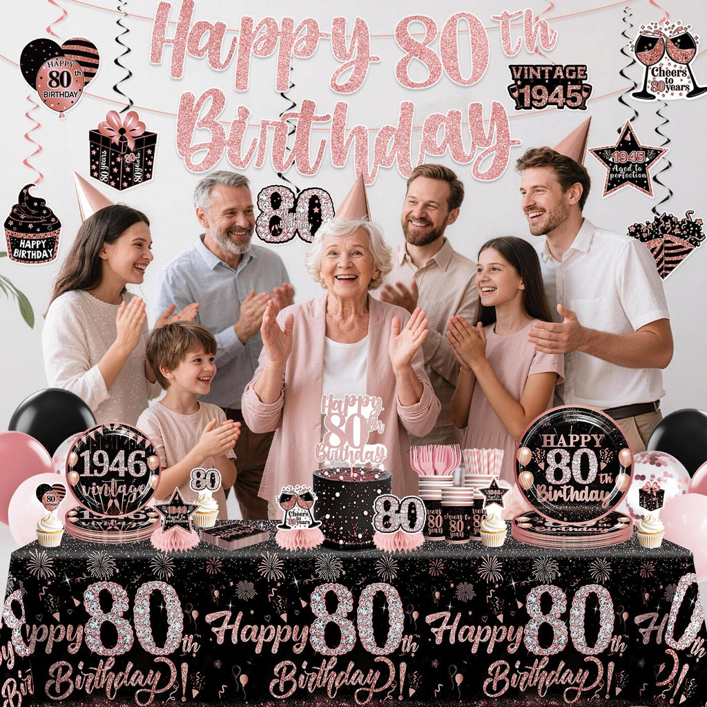 Yingoto 170pcs 80th Birthday Decorations for Women Tableware Set, 1946 Birthday Decorations with Banner Plates Napkins Cups Tablecloth and Cake Topper for 80th Birthday Decorations, Serve 25