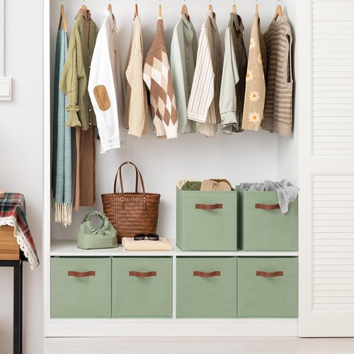 Granny Says 13-Inch Storage Cubes - Decorative Fabric Bins with PU Handles | Collapsible Sage Green 6-Pack