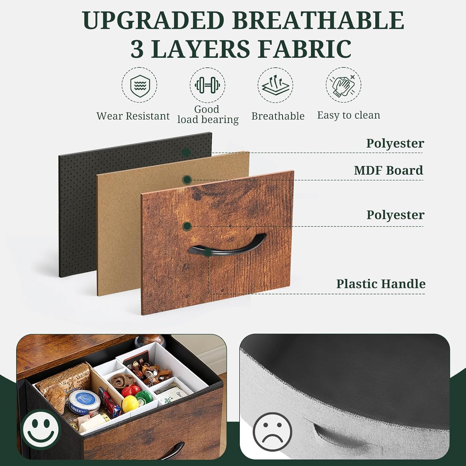 Regine Switzerland Nightstand - Small 2 Drawer Dresser with Wooden Top & Fabric Bins | Brown, 11.8" D x 18" W x 20" H