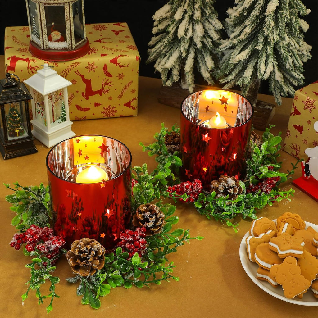 Sliner Christmas Glass Candle Holders - 4 Pcs 4.7 Inch Votive Holders with Berry Ring & Pinecone