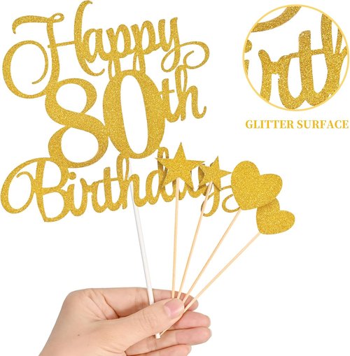 80th Birthday Cake Decorations Set - Glitter Happy 80th Birthday Toppers & Candles | Gold