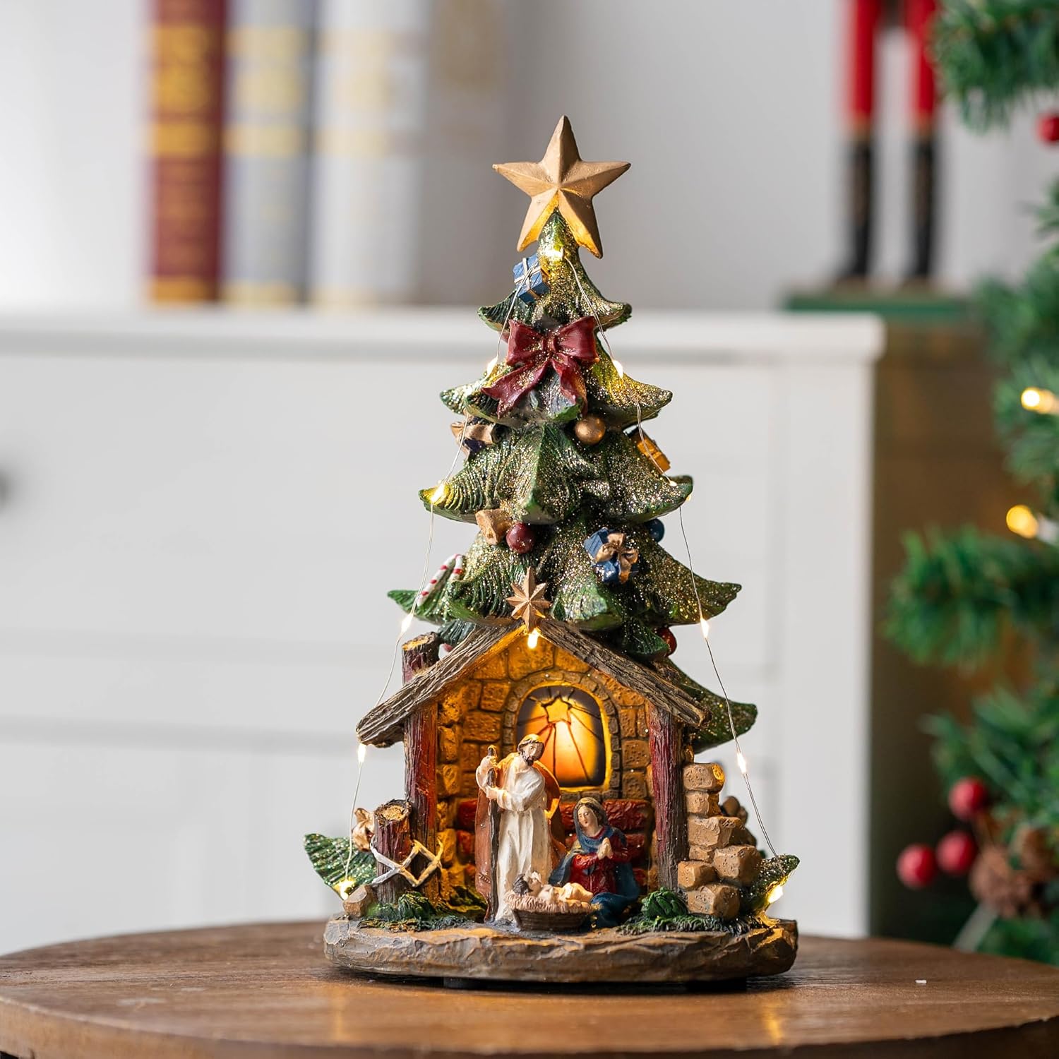 VISFLAIR 12'' Lighted Christmas Tree Nativity Scene - Musical Holy Family Figurines with LED Lights