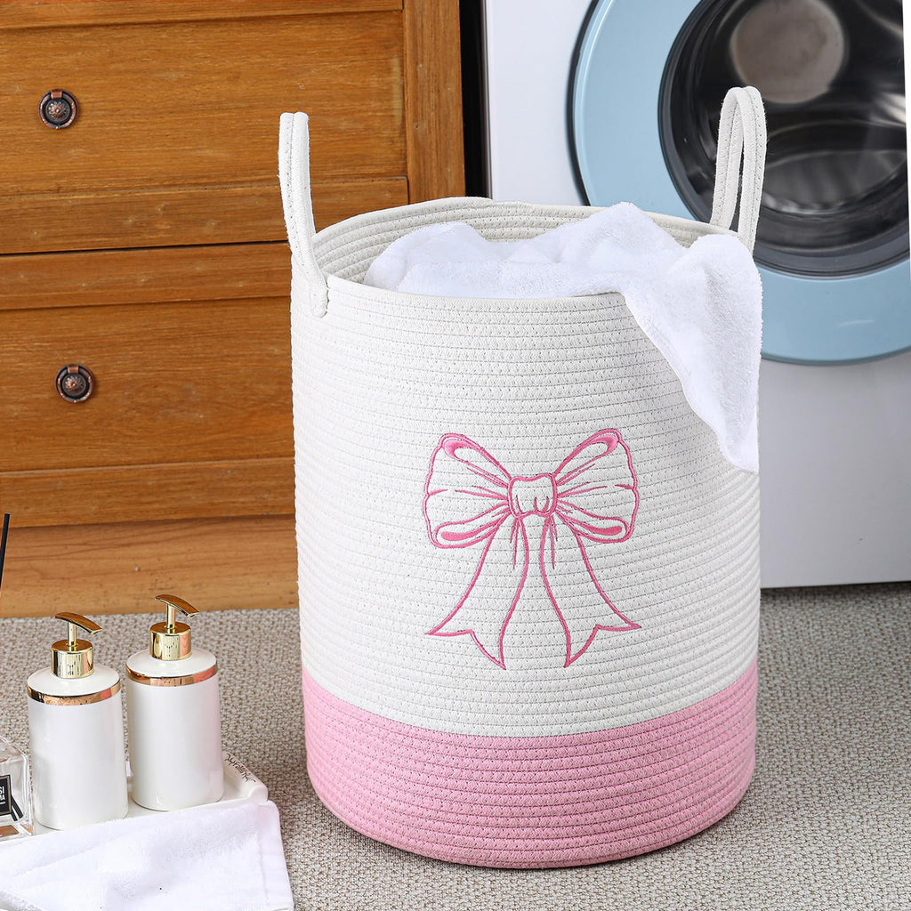 Honeydak 15'' x 18'' Pink Bow Cotton Rope Laundry Basket Hamper Large Laundry Basket Hamper Coquette Bow Room Decor Girls Girly Nursery Storage Bin Tall Round Organizer Blanket Toys Clothes(Bowknot)
