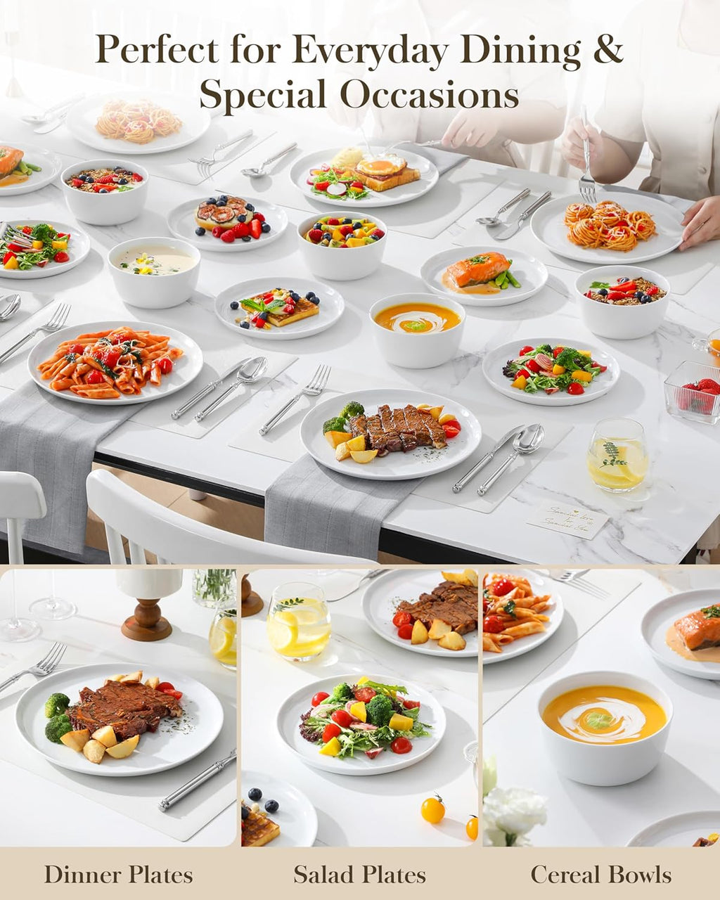 MALACASA 24-Piece Gourmet Porcelain Dinnerware Set | Premium Chip & Scratch Resistant Plates & Bowls for 8 - White, Series LEXI
