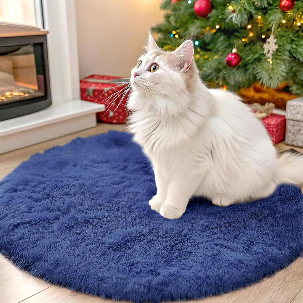 OLANLY Navy Blue Round Rug - Soft, Fluffy Shaggy Carpet | Machine Washable, 2 ft Circle for Bedroom & Living Room