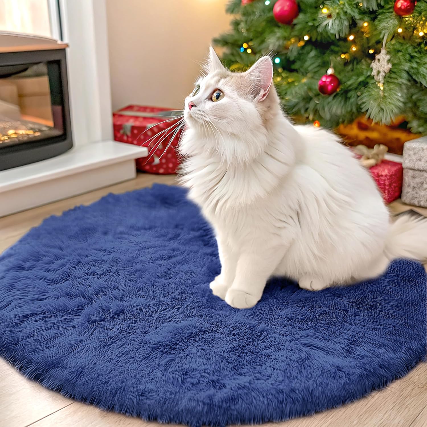 OLANLY Navy Blue Round Rug - Soft, Fluffy Shaggy Carpet | Machine Washable, 2 ft Circle for Bedroom & Living Room