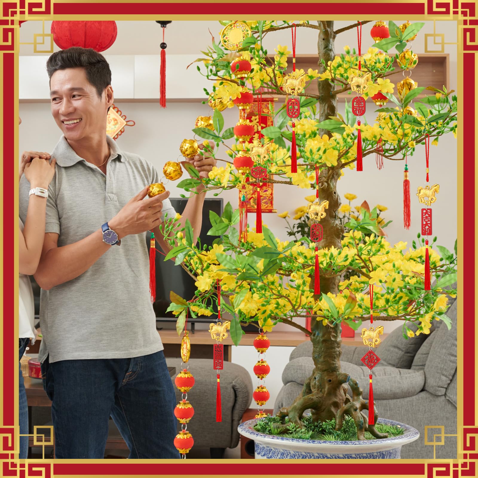 Geosar 12 Pcs Chinese New Year Decorations 2026 Year of The Horse Lucky Charm Lunar Red Hanging Ornaments Feng Shui Tassel Knot Wealth Good Luck for Home, Office, Car, Trees Decor(Horse Style)