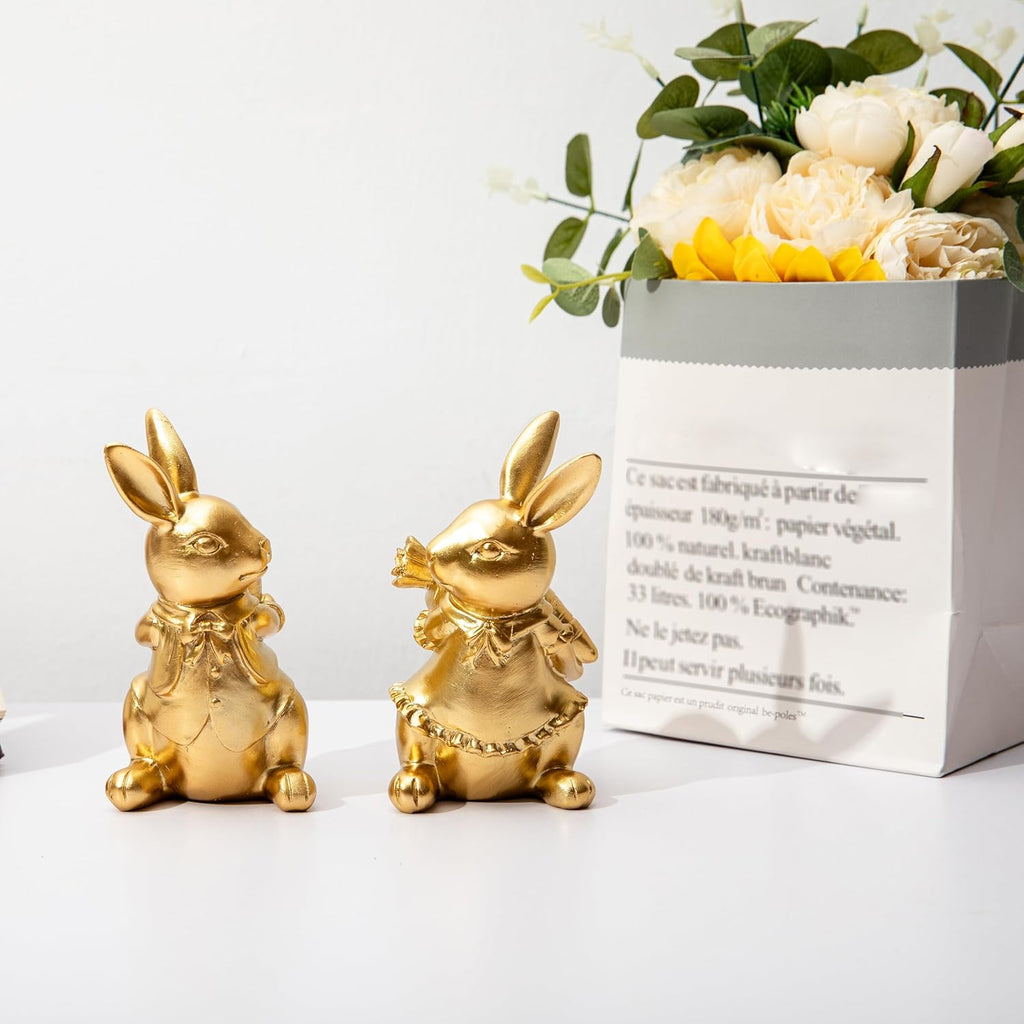 Steviieden Bunny Decor Set of 2 - Cute Gold Rabbit Figurines for Spring Easter Home Decorations