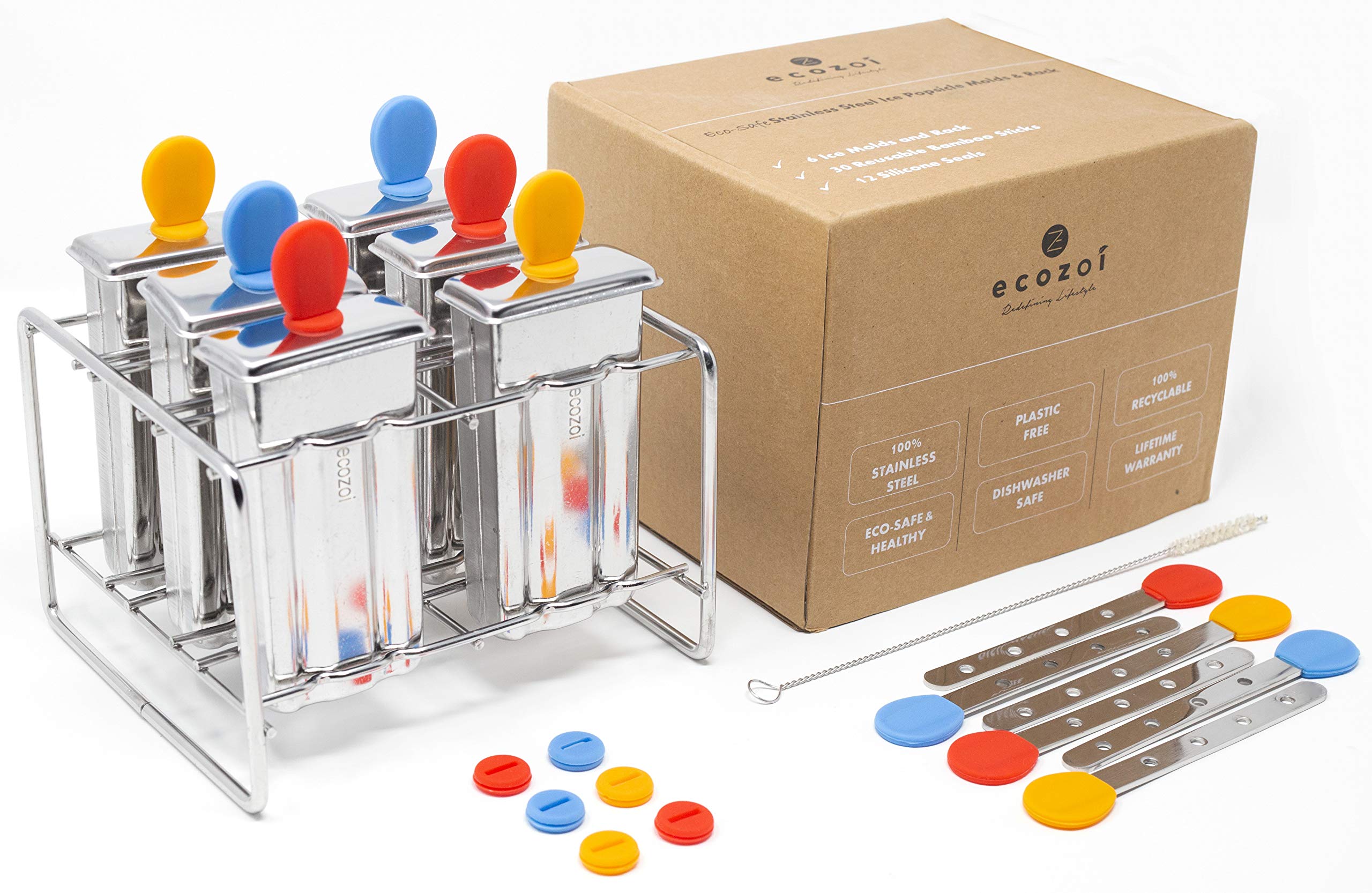 Ecozoi Stainless Steel Popsicle Molds – Reusable Metal Paleta Maker Set with 6 Molds, 6 Sticks, 12 Silicone Seals & Cleaning Brush – Easy Release Ice Pop Maker for Kids & Adults, 3 oz Each