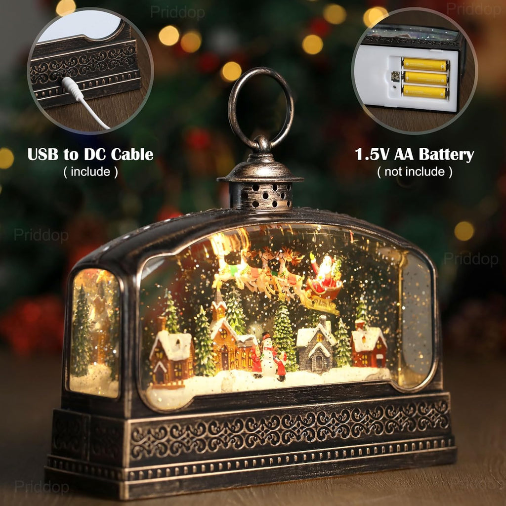 Priddop Christmas Snow Globe - Santa Claus & Snowman Village Scene | USB/Battery Timer & Music