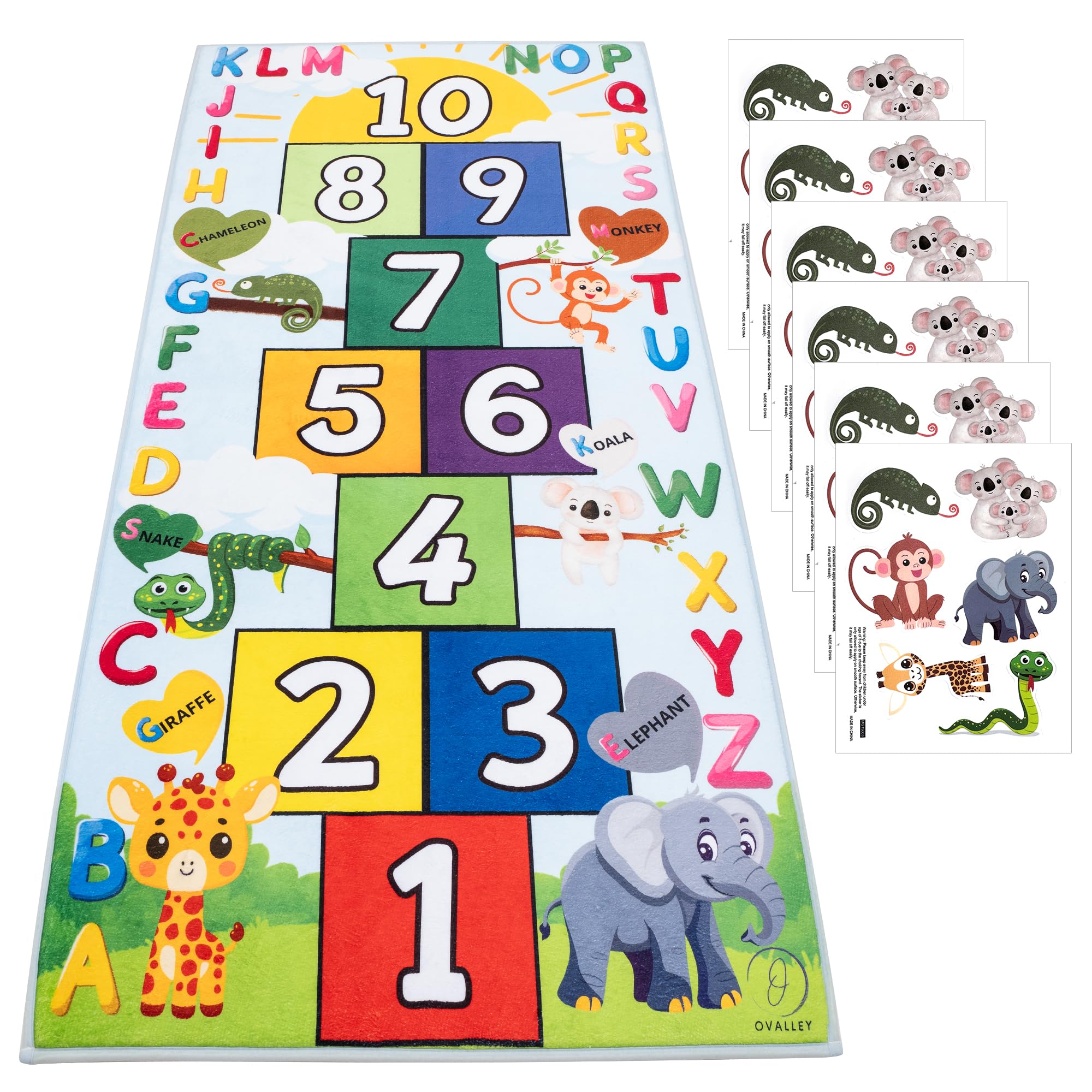 OVALLEY Hopscotch Rug for Kids, Soft & Fun Zoo Animals Hopscotch Play Mat, ABC Classroom Learning Mat, Small Kids Rug for Playroom, Non-Slip Educational Carpet for Kids Room or Classroom
