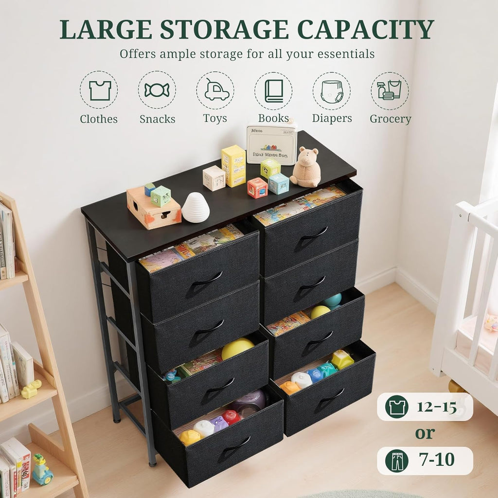Skiennix 8-Drawer Dresser - Anti-Tip Tall Storage Organizer with Wooden Top & Metal Frame - Black
