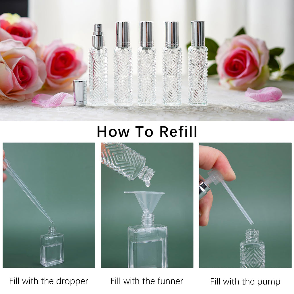 YU FENG 12pcs Perfume Bottles Empty Clear Glass Atomizer Spray Bottles Empty Refillable for Perfume Essential Oil,Packed with Funnels Pipettes Dispensers Engraved Taj Mahal Style（13ml）