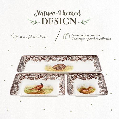 Spode Woodland 3-Piece Porcelain Tray Set - Turkey, Pheasant, Otter Wildlife Art, Great for Holiday Appetizers & Snacks - Stackable Design with Floral Borders, Dishwasher Safe, Oven Safe Trays