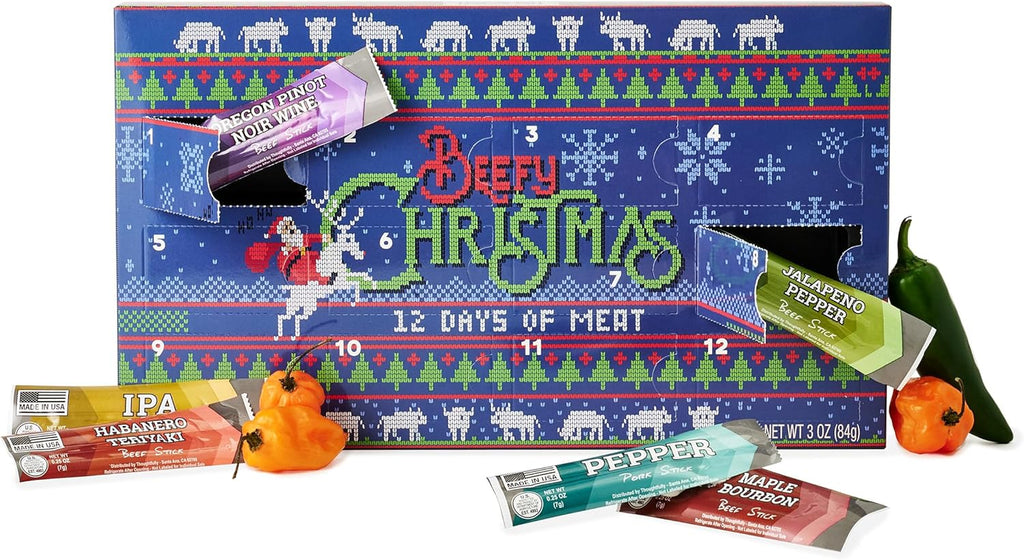 Man Crates 12 Days of Jerky Advent Calendar 2025 - Festive Beef Jerky with Ugly Christmas Sweater Design | 12 Unique Flavors