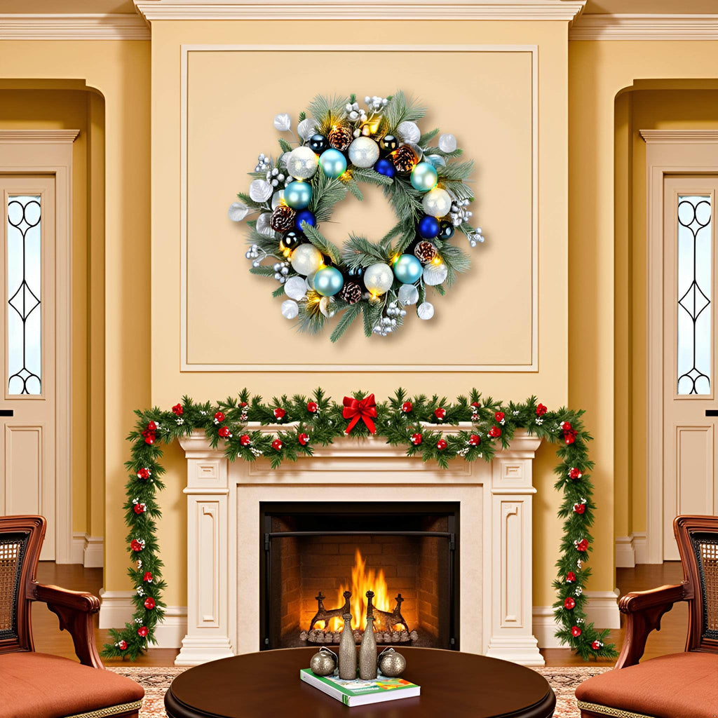 YULETIME 20-inch Christmas Wreath, Battery Operated Holiday Wreath with 20 Fairy Lights, Blue Baubles, Silvery Berries, Pine Cones, Silvery Leaves, Frosted Spruce Branches and Pine Needles (Blue)