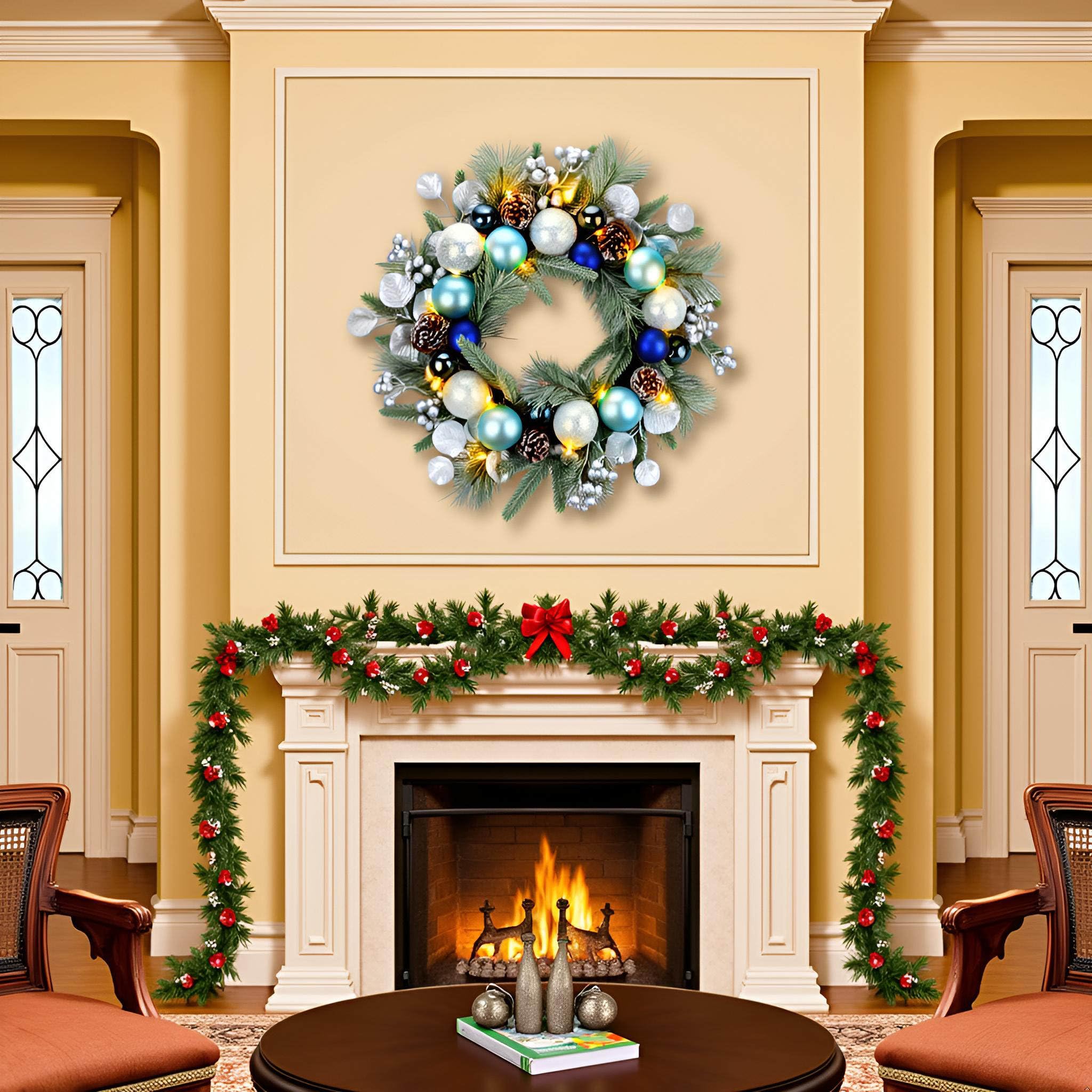 YULETIME 20-inch Christmas Wreath, Battery Operated Holiday Wreath with 20 Fairy Lights, Blue Baubles, Silvery Berries, Pine Cones, Silvery Leaves, Frosted Spruce Branches and Pine Needles (Blue)