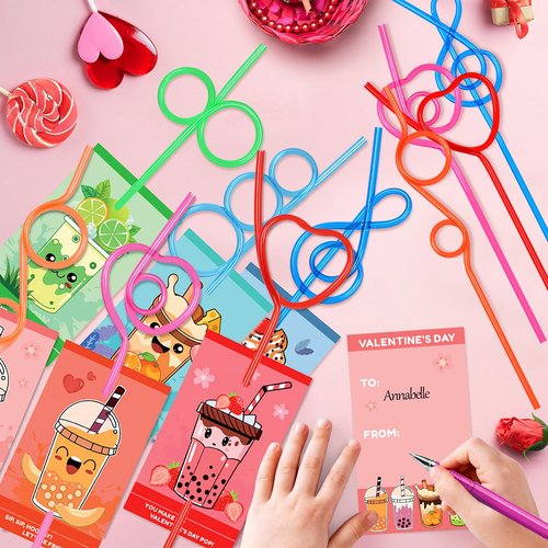 WEMEMORN 32 Pack Valentine's Day Cards for Kids with Crazy Loop Straws Bulk Toys, 8 Styles Valentines Greeting Cards for Boys Girls, Valentine's Prizes Party Favor School Classroom Gifts Exchange