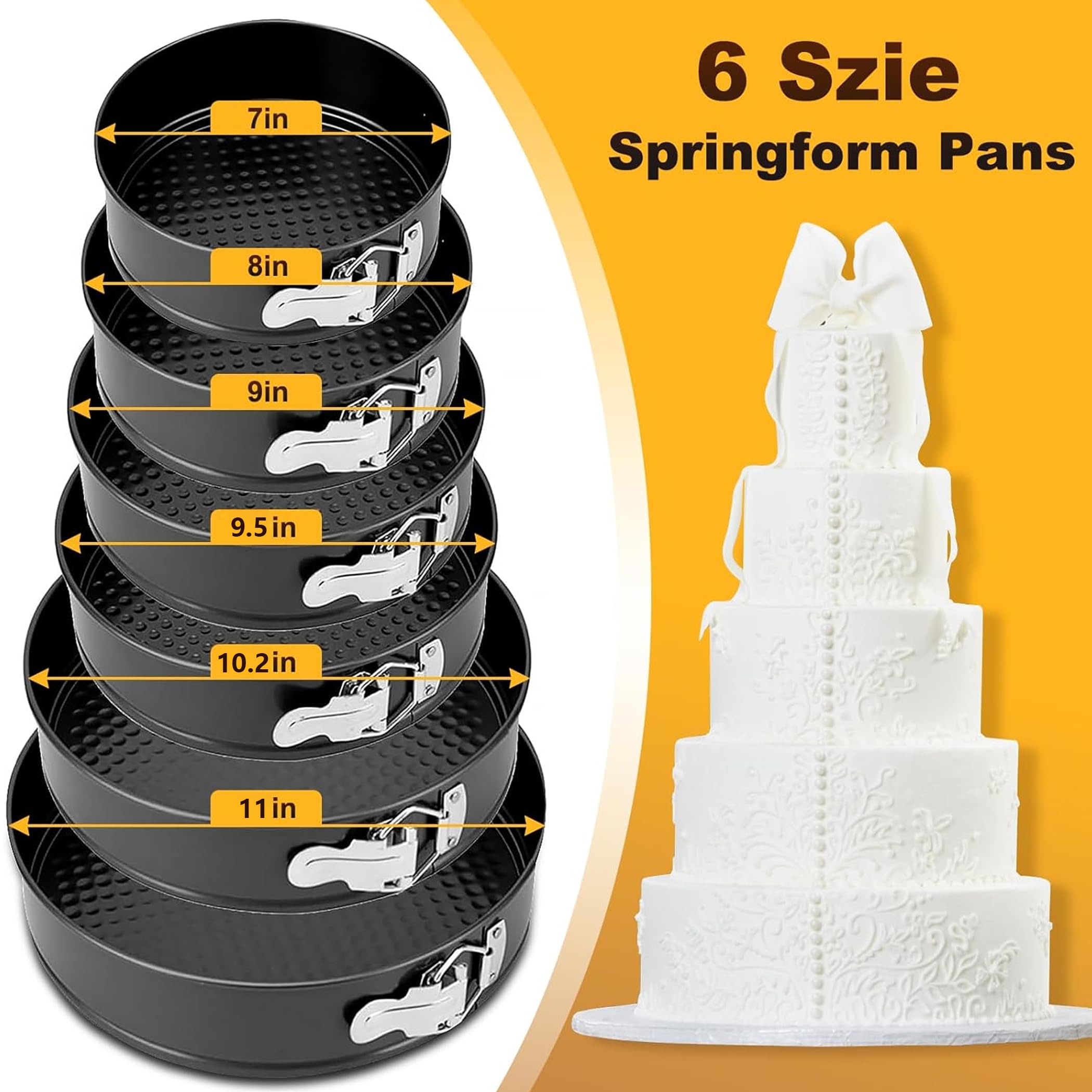 RHQQ Springform Cake Pan, Cake Pan with 6 Different Size (7,8,9,9.5,10.2,11inch), Cake Molds for Baking with Removable Bottom, Non-Stick Bakeware for Effortless Baking and Easy Release