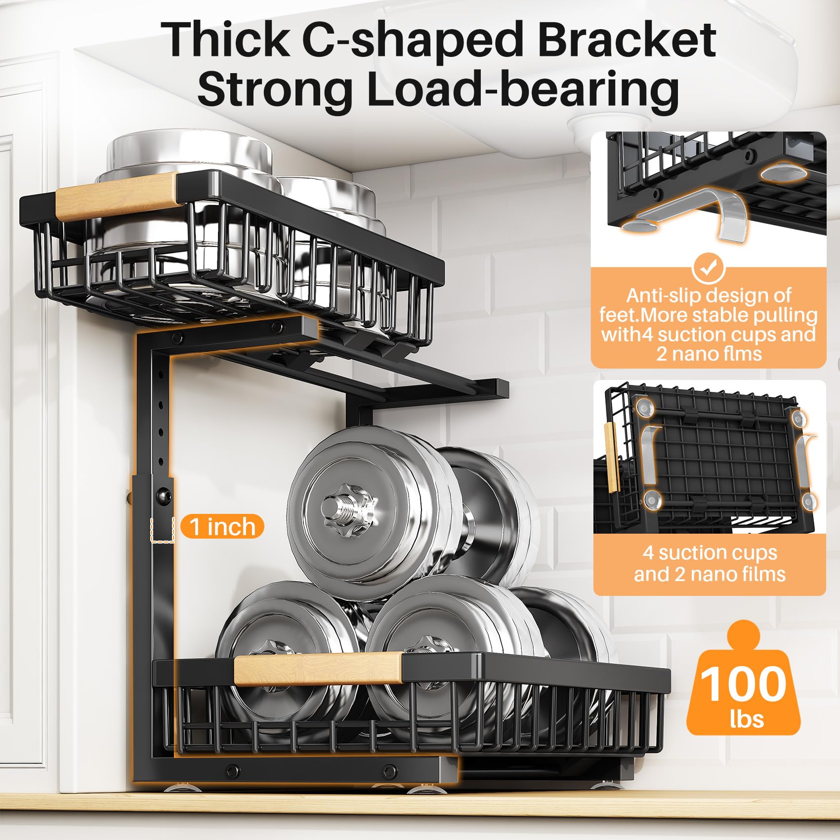 PXRACK Under Sink Organizer, Adjustable Height, 2 Tier Pull Out Under Cabinet Organizer, Slide Out Thickened Metal Under Sink Storage for Kitchen Bathroom Laundry Pantry Cabinet, Black, Large-2-Pack