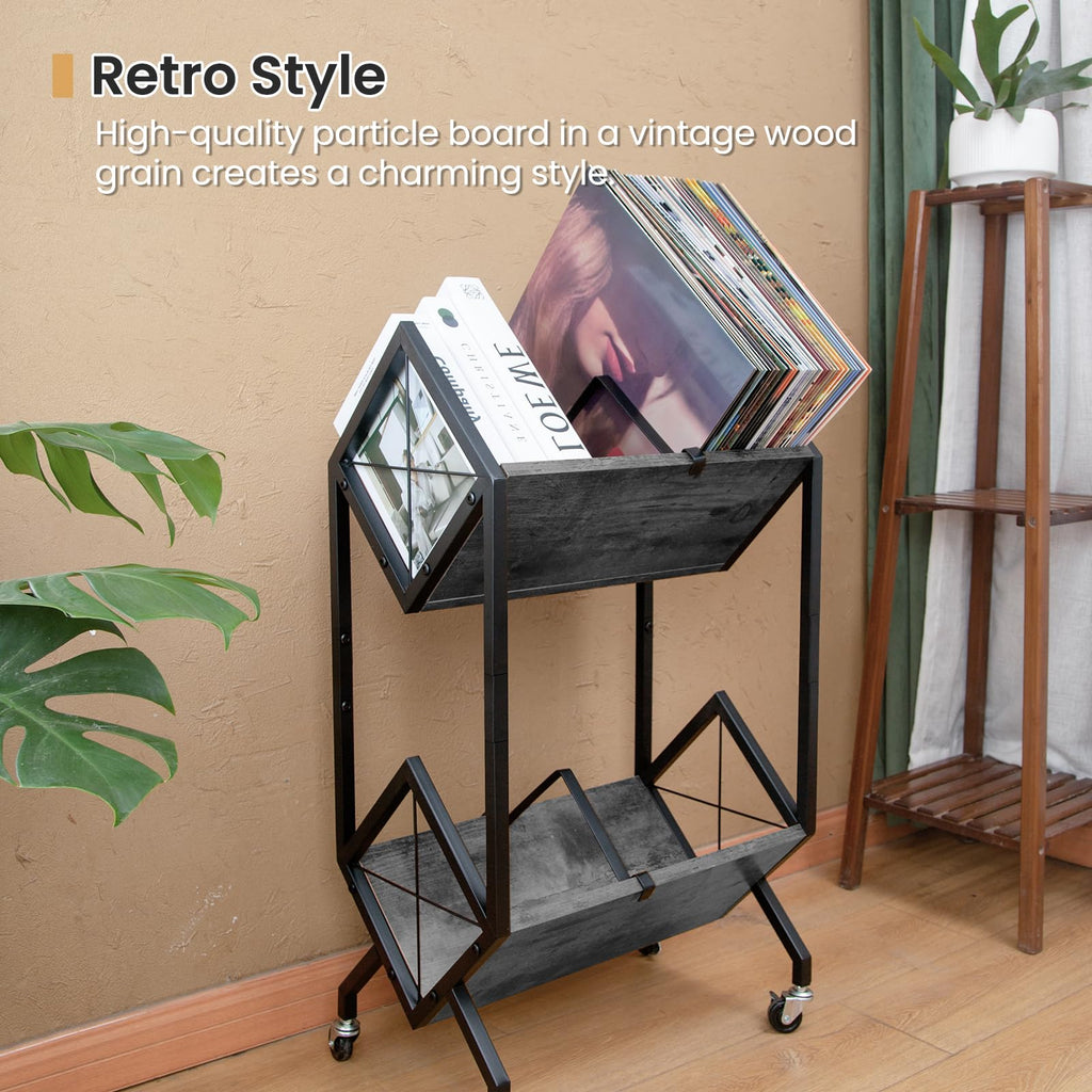 SwaaVee Vinyl Record Storage Holder with Wheels, 2-Tier Record Holder 160-200 LP with Dividers, Retro Style Quick Assembly Vinyl Record Display for Albums, Magazine, Book, Files(2 Tier- Gray)