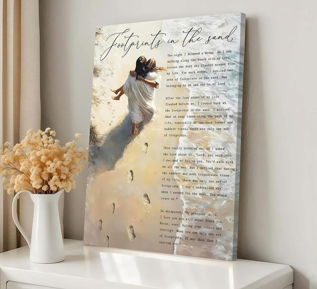Regine Switzerland Footprints in the Sand Canvas Wall Art - Inspirational Jesus & Woman Beach Scene | 12x16in Framed Decor