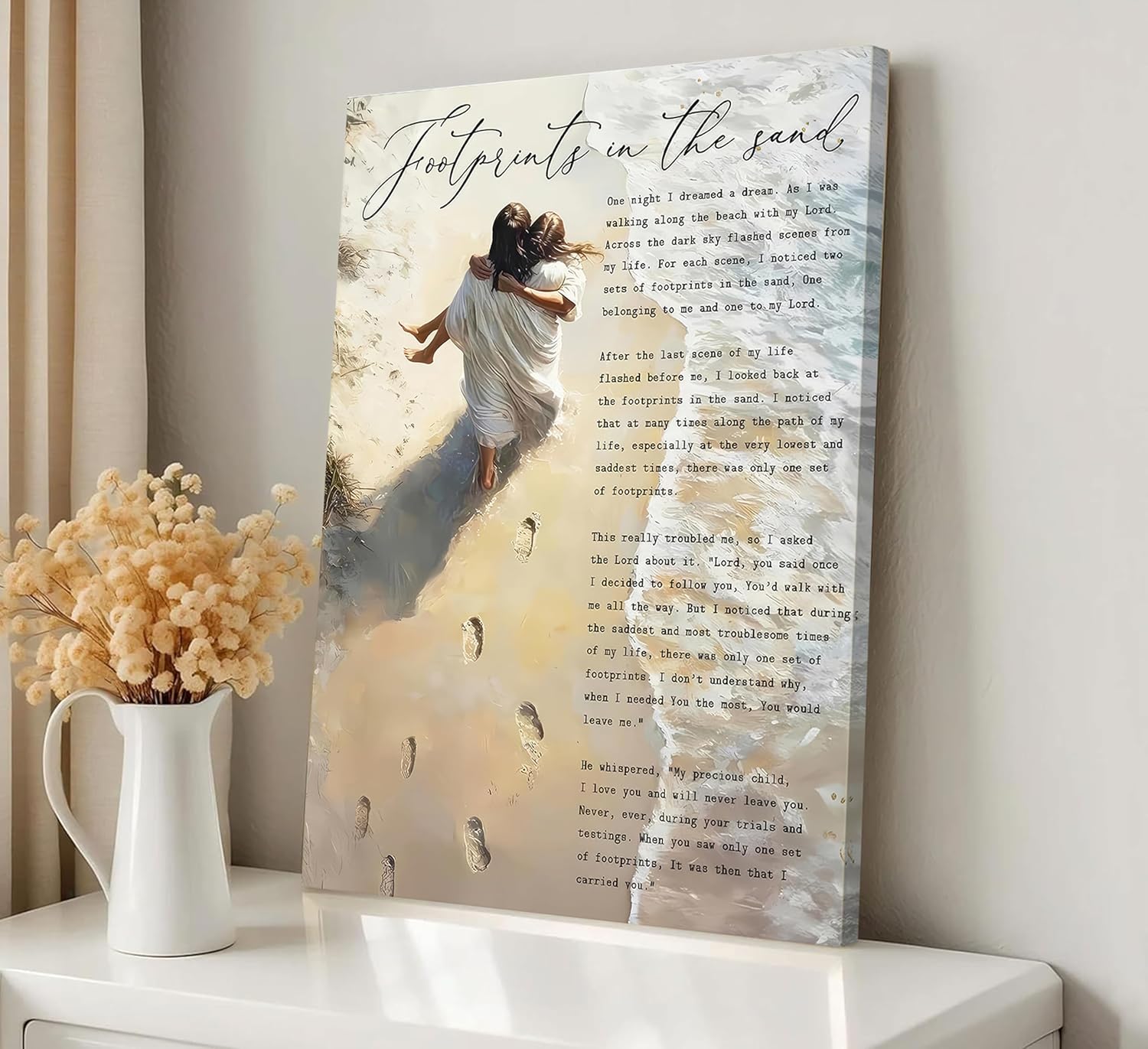 Regine Switzerland Footprints in the Sand Canvas Wall Art - Inspirational Jesus & Woman Beach Scene | 12x16in Framed Decor