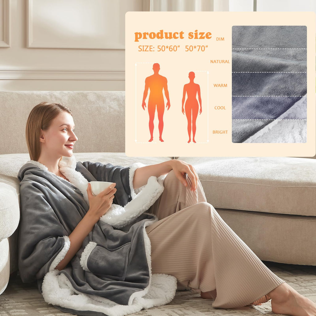 ACCU-WARMTH Wearable Heated Blanket - Warm Up Electric Blanket Hoodie with 6 Heat Levels, Snuggies for Women, 50"x70", London Grey