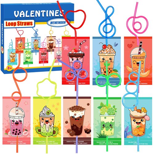 WEMEMORN 32 Pack Valentine's Day Cards for Kids with Crazy Loop Straws Bulk Toys, 8 Styles Valentines Greeting Cards for Boys Girls, Valentine's Prizes Party Favor School Classroom Gifts Exchange