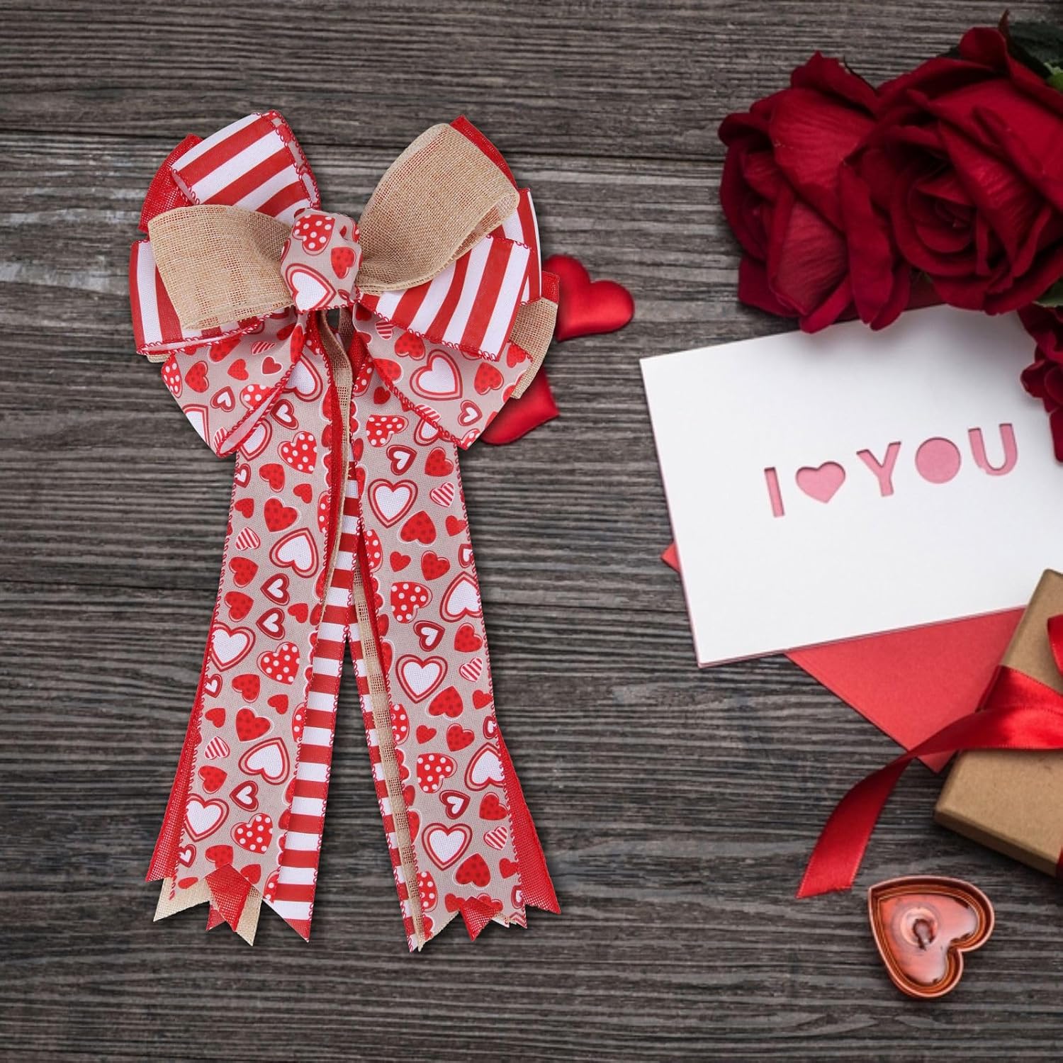 Meseey Valentine's Day Tree Topper Bow - Red Heart Print Burlap Bow for Indoor/Outdoor Decor