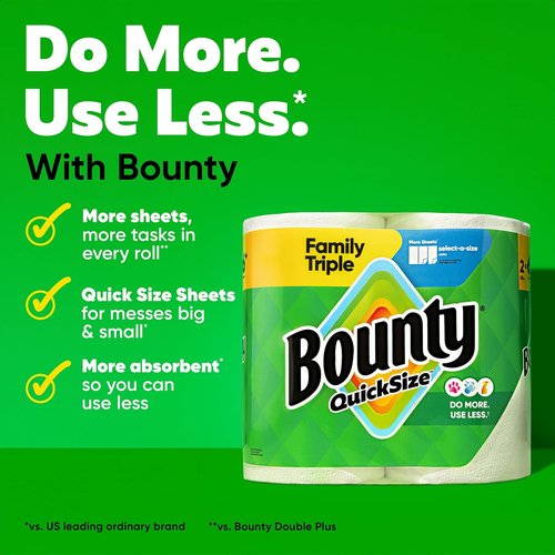 Bounty Quick-Size Paper Towels - White Family Pack | 8 Triple Rolls = 27 Regular Rolls