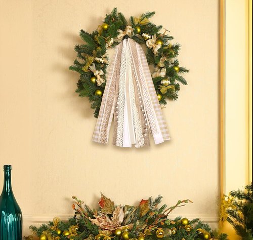 Fall Plaid Wreath Bows - Natural Assorted Lace Ribbon Clip-On Sash for Thanksgiving Decor