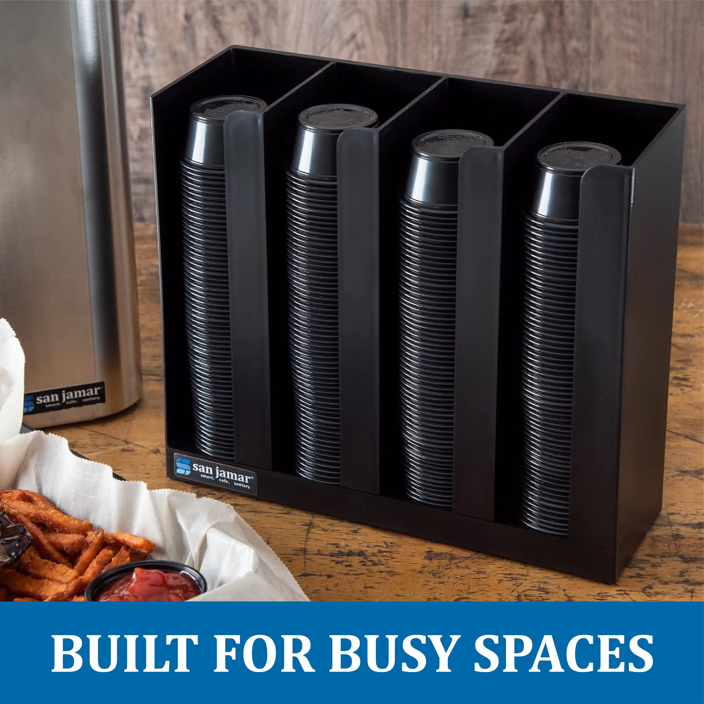 San Jamar Portion Cup and Lid Organizer Fits 2-3" Cups and Lids with Removable Dividers for Kitchen, Restaurant, and Fast Food, Plastic, 10 x 11.5 x 3.75 Inches, Black