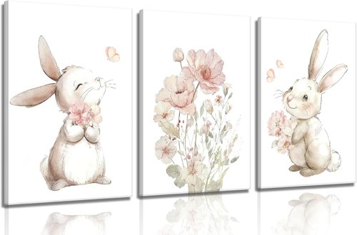 Grengel Pink Bunny Canvas Wall Art - Cute Rabbit with Wildflowers | Botanical Decor for Nursery