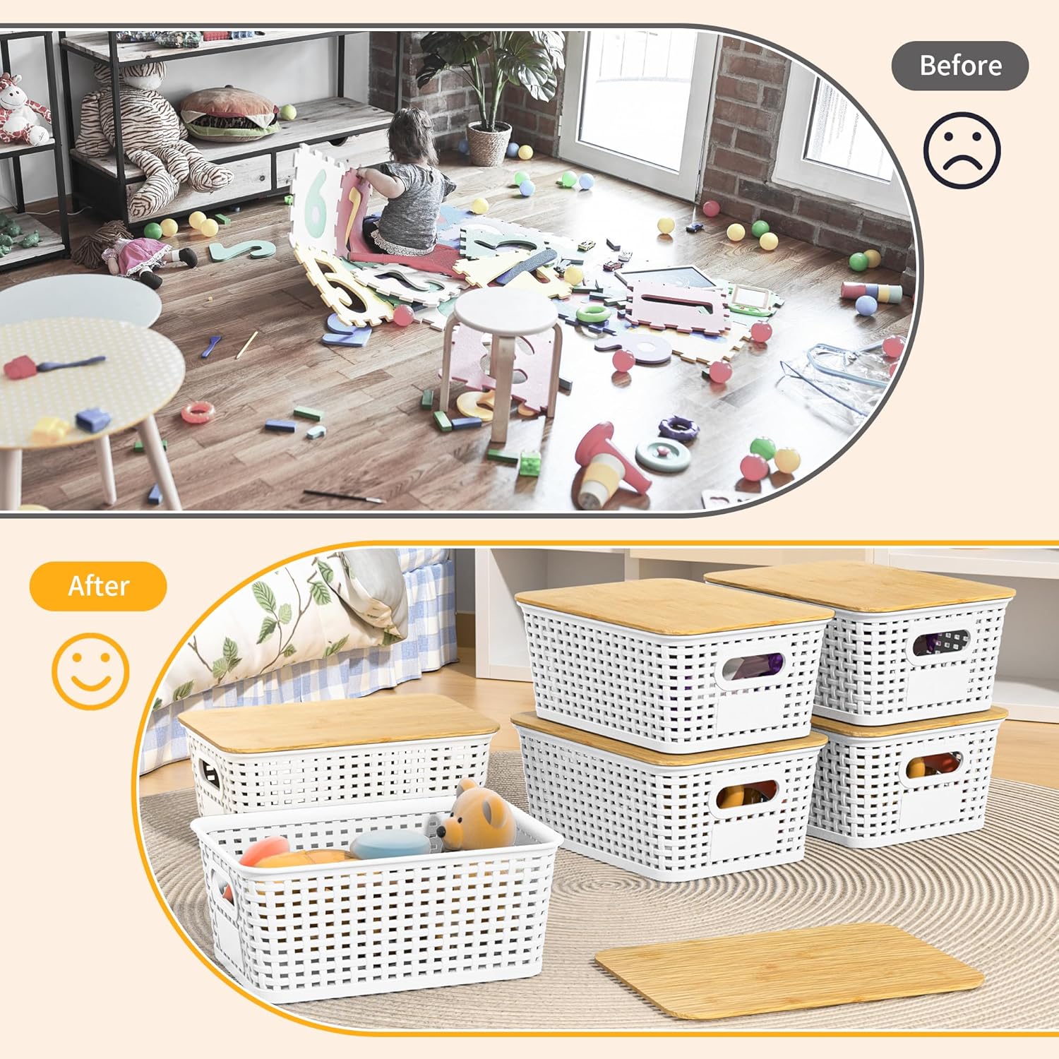 Skiennix Plastic Storage Baskets - Stackable Containers with Bamboo Lids & Labels | 6-Pack White