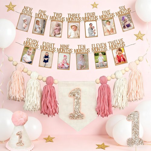 Handmade 1st Birthday High Chair Banner Birthday Decorations for Baby Boy with Garland Crown Hat Wild One Cake Topper Baby Photo Banner for Boy Wall Hangings Decorations