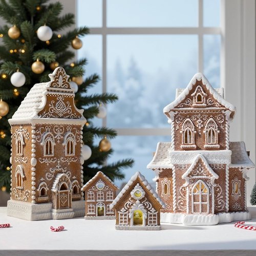 Braxio Gingerbread House Kit - 2PCS Miniature Resin Houses with LED Light | 3 Inch Indoor Christmas Decor