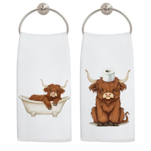 LADOCK Funny Highland Cow Bathroom Hand Towels, Highland Cow Bathroom Decor, Cute Scottish Cattle Farm Animal Hand Towels for Kids Bath Room Washroom Decor, 16x24 Inch Set of 2