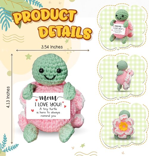 HEXMOZ Mother's Day Gifts | Sentimental I Love You Mom Gift - Pink Turtle Crochet with Positive Card