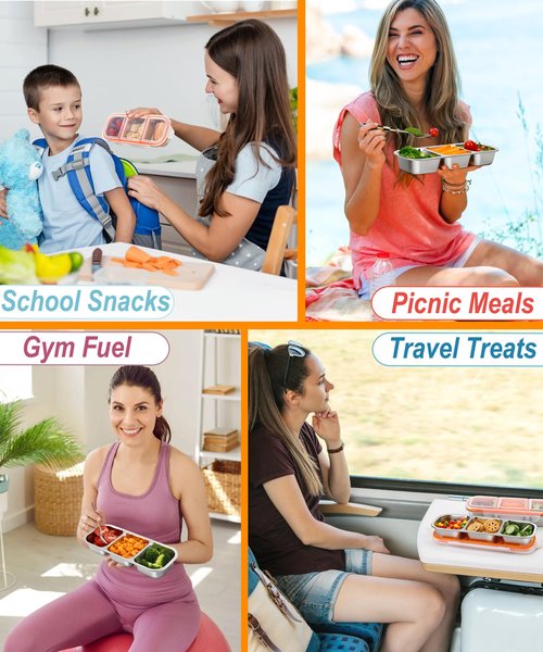 KTKUDY 3 Pack Stainless Steel Snack Containers for Kids & Adults - Leak-Proof 3-Compartment Stackable Snack Lunch Boxes for Daycare, School, Work & Travel