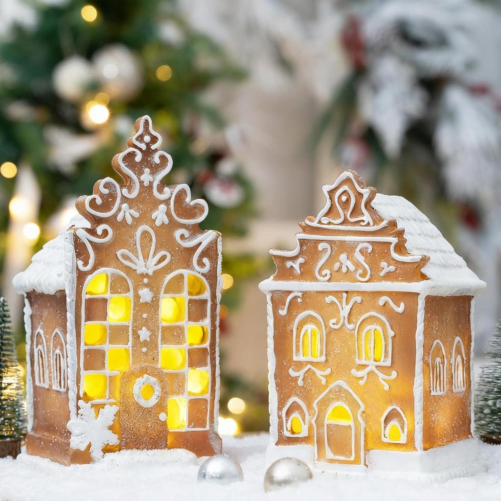 Regine Switzerland 2Pc Christmas Gingerbread Village House Figurines - Pre-Lit LED Table Decorations