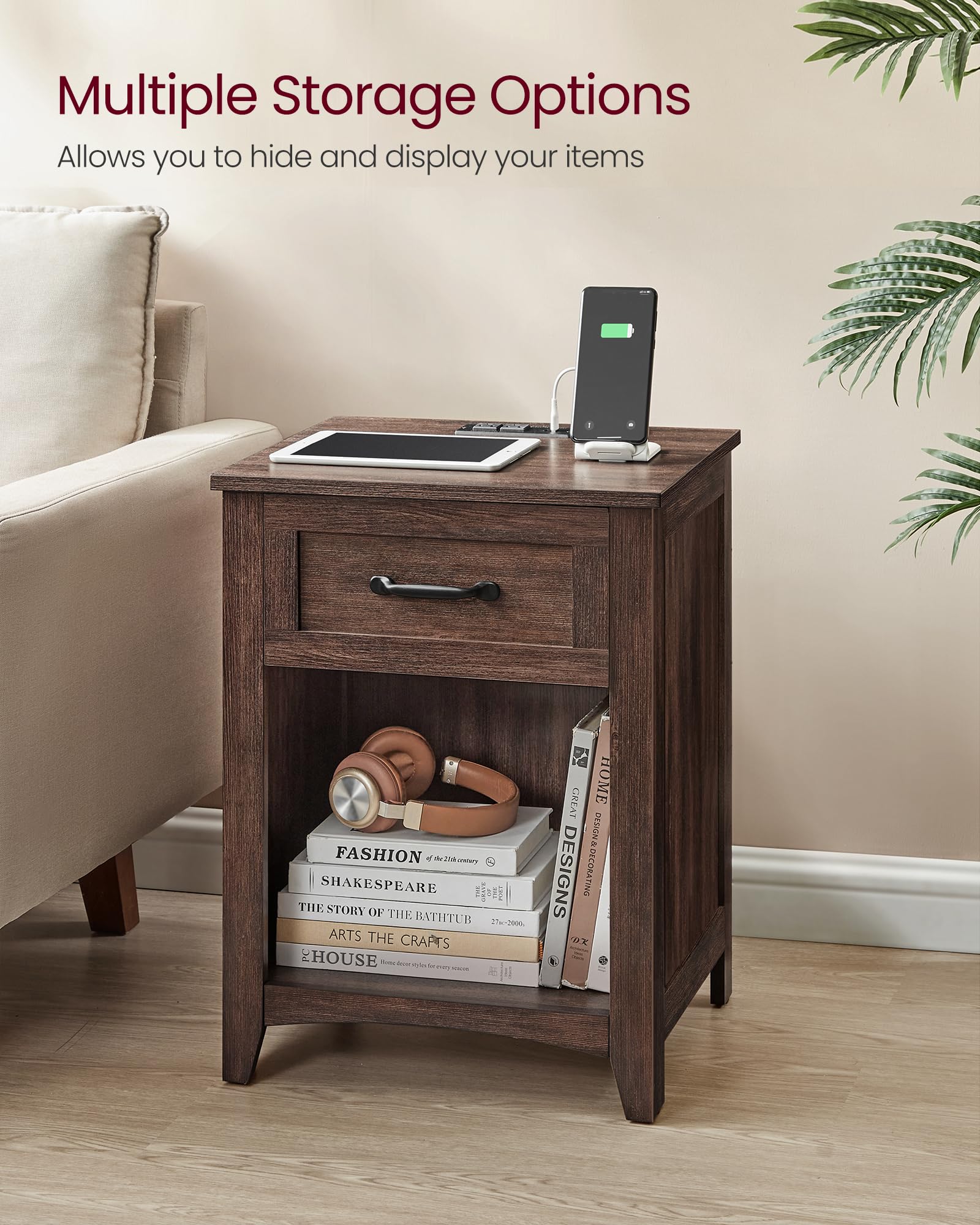 VASAGLE LIRY Collection - Farmhouse Nightstands with Charging Station, Set of 2 Bedside Tables, Side Tables with Drawer, Open Compartment, for Bedroom, Maroon Brown ULET959K51